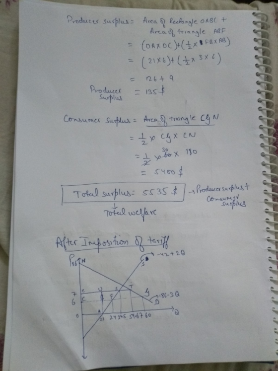 Producer surplus Area of Rectangle OABC + Area of triangle ABF = {DA XOC) + ( x 8 FB XAB) = (21X6)+ (2 X 3x6) = 26+ 9 Produce