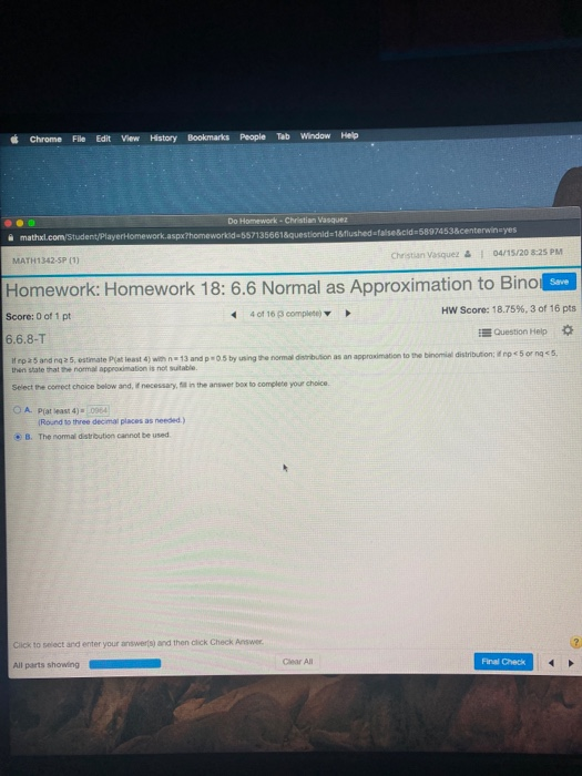 Chrome File Edit View History Bookmarks People Tab Window Help Do Homework - Christian Vasquez . mathal.com Student/Player to