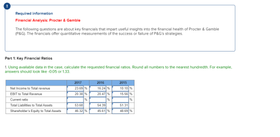 Required information Financial Analysis: Procter & Gamble The following questions are about key financials that impart useful