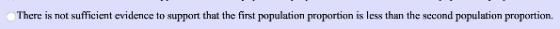 There is not sufficient evidence to support that the first population proportion is less than the second population proportio