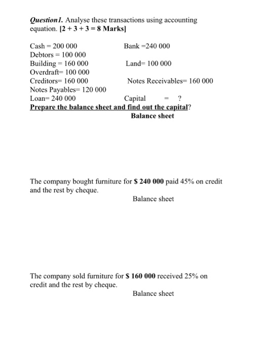 Question 1. Analyse these transactions using accounting equation. [2 + 3 + 3 = 8 Marks] Cash = 200 000 Bank =240 000 Debtors