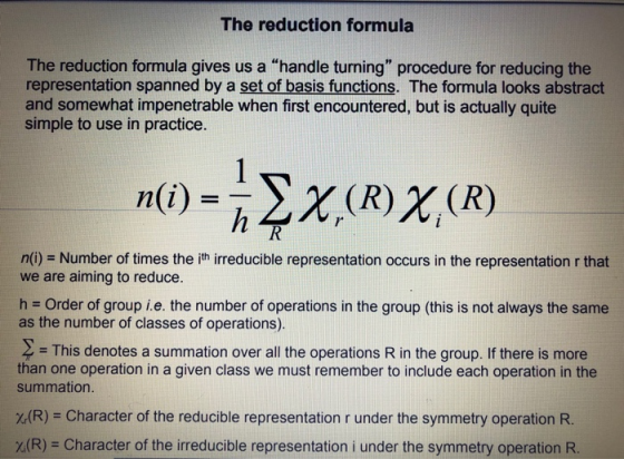 The reduction formula The reduction formula gives us a handle turning procedure for reducing the representation spanned by