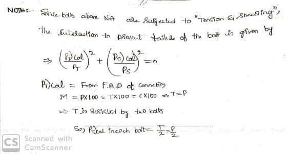 The Intelaction to prevent tailure of the bolt is given by NOTE! Since bot above NA are subjected to Tension & Shealing? 2 T