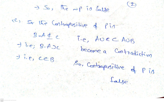 So the np to false For the contrapositive of pis B -Ad e i.e, tocc AOB tie; B-ASC become a tie, ceB So, Contrapositive of P i
