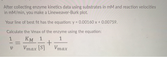 After collecting enzyme kinetics data using substrates in mM and reaction velocities in mM/min, you make a Lineweaver-Burk pl