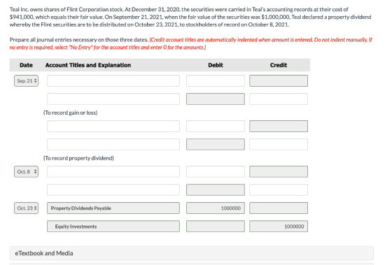 Teal Inc. owns shares of Flint Corporation stock. At December 31, 2020, the securities were carried in Teals accounting reco