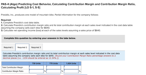 PA5-4 (Algo) Predicting Cost Behavior, Calculating Contribution Margin and Contribution Margin Ratio, Calculating Profit [LO