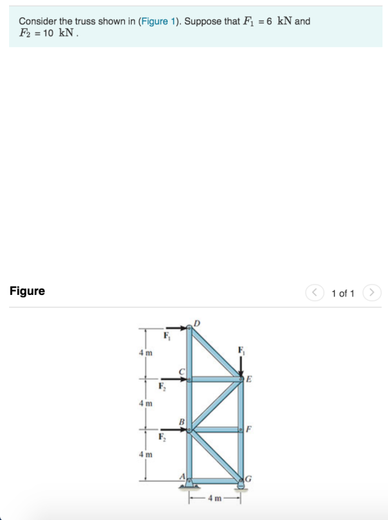 Consider the truss shown in (Figure 1). Suppose that F1 = 6 kN and F2 = 10 kN. Figure 1 of 1 4 m E 4 m B F F 4 m 4 m
