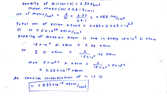 Density of Siti cen <4) 2.33 flen,s molar ass (M) = 22.1 S, rM C M 2.3 DopP in of Arsenic Ptem is one in euery ISx lo 15 x 1