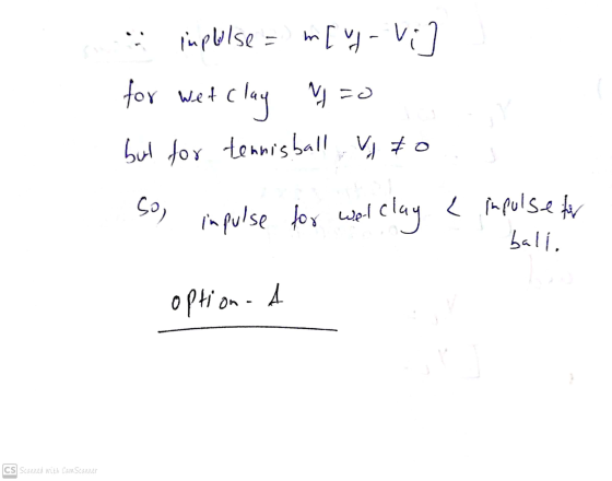 impulse r[y-vi] for wetc clay N =0 but for tennisball v to So, impulse for welclay e impulse for ball. option A CS Scanned wi