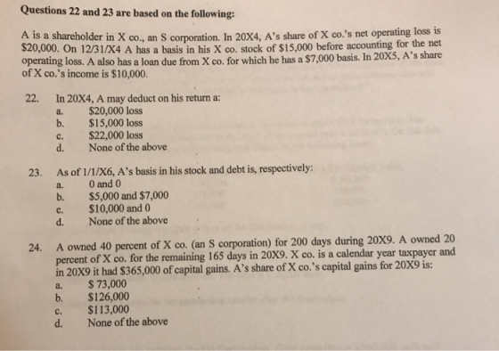 Questions 22 and 23 are based on the following: is a shareholder in X co., an S corporation. In 20X4, As share of X co.s ne