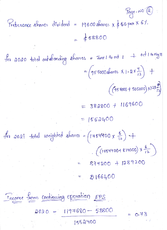 Page No @ Preberence shares dividend = 196 00 shares X $ 50 por X 64. $58800 to 2020 total och afanding shares = June I to oc