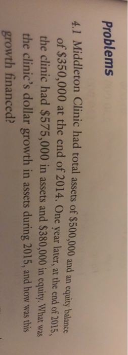 Problems 41 Middleton Clinic had total assets of $500,000 and an equity balance of $350,000 at the end of 2014. One year late