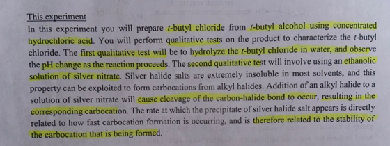 This experiment In this experiment you will prepare t-butyl chloride from t-butyl alcohol using concentrated hydrochloric aci