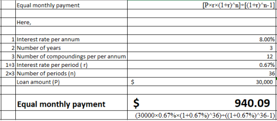 Here, 8.00% 1 Interest rate per annum 2 Number of vears 3 Number of compoundings per per annum 1+3 Interest rate per period (r) 2x3 Number of periods (n) 12 0.67% 36 Loan amount (P) 30,000 Equal monthly payment (30000x0.67%x(1+0.67%)136)-((1+0.67%)136-1)!
