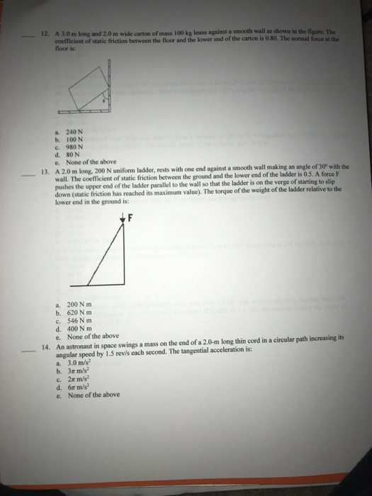 12. A 3.0 m long and 2.0 m wide carton of mass 100 kg leans against a smooth wall as shown in the figure The coefficient of s