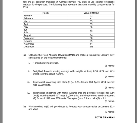 You are an operation manager at Gambas Berhad. You plan to use several forecasting methods for the purpose. The following dat