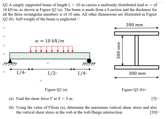 Q2 A simply supported beam of length L = 10 m carries a uniformly distributed load w = of 10 kN/m, as shown in Figure Q2 (a).