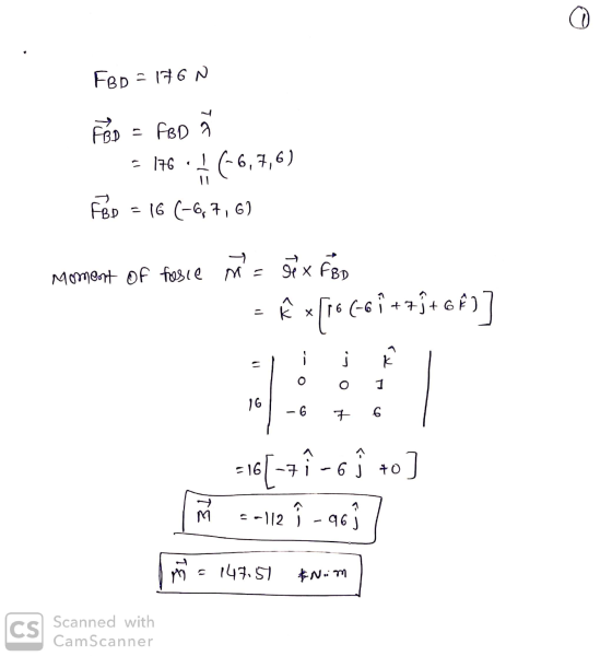 FBD = 176 FAD = FBD = 176 + (-6,7,6) FED = 16 (-6,7,6) Moment of fasce M = 88 x FBD - Ê x[166-6 i +7ſ+ 6€)] 101 -6 76 516[-+î