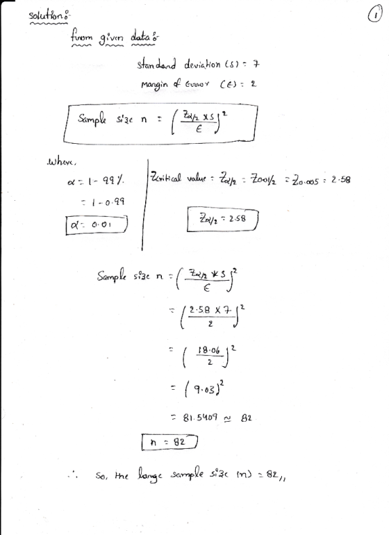 solution from given data standard deviation (5) = 7 margin of Groot (A): 2 [ sample size n = ( Zap xs ja Whore, 021-99. Zcrit