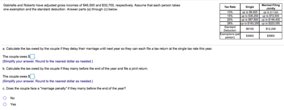Gabriella and Roberto have adjusted gross incomes of $46,500 and $32,700, respectively. Assume that each person takes one exe