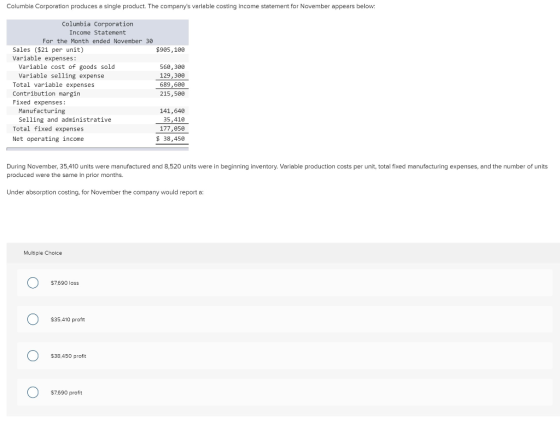 Columbia Corporation produces a single product. The companys variable costing Income statement for November appears below: $