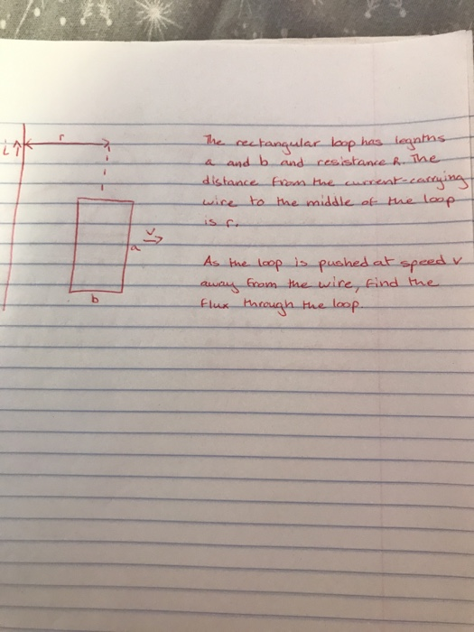The rectangular loop has legnths a and b and resistance h. The distance from the current-carrying wire to the middle of the l