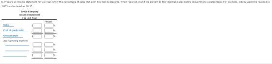 6. Prepare an income statement for last year. Show the percentage of sales that each line item represents. When required, rou