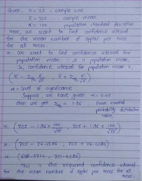 | Given, n= 55 sample ,size 725 sample mea wation standard deviaton Hepe, ve coant to find Confidence inteval dhe mean numbe of apples pes oee oo all toees ie- cwe want to find confidence inteval fos popiuation meanropanmean. So,一confidence-intena 1st-popula ton-mean-is 0 ベー Level of Significance Suppose ,we have given 。仁0.05 dhen we get Foom nogma table NSS fors dhe mean numbed of appfes pes taees fer all toees