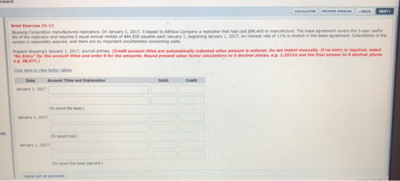 nment NEXT CALCULATOR PRINTER VERSION BACK Brief Exercise 21-11 Skysong Cerporation manufactures replicators. On January 1, 2