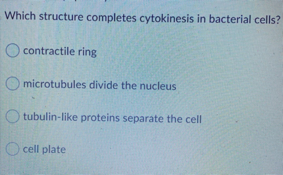 Which structure completes cytokinesis in bacterial cells? O contractile ring O microtubules divide the nucleus tubulin-like p
