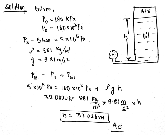 Solution criven, Air Oil Po = 180 kPa Po = 180x10²P PR = 5 bay = 5*105 Pa. 8=881 kg/m3 g = 9.81 m/s? Po + Poil 5 x 105 Pa = 1