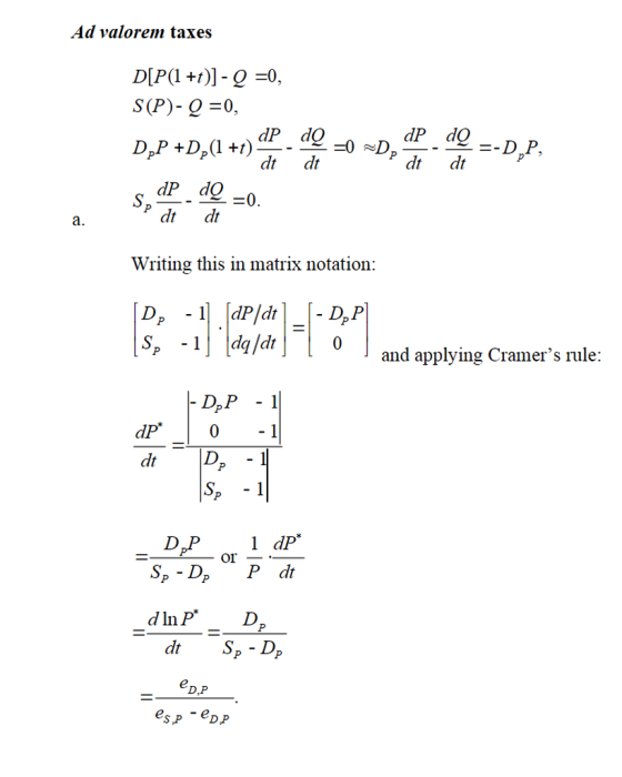 Ad valorem taxes S(P)-9-0, dt dt dt dt dt dr Writing this in matrix notation: and applying Cramers rule: dP dt 0 l dP or Sp -DPP dt dtSp - D D.P