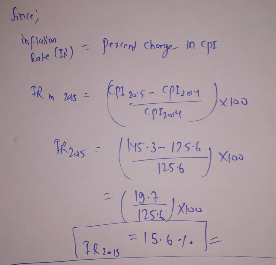 Since; inflation Rate (I) = percent charge in cpi Xoo IR in 2018 - CP1 2015 - CPI 2014 Jyoo I cprzaly FR 215 = 1145.3-1256 1