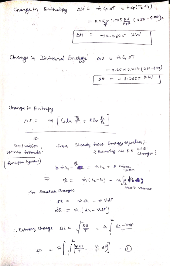 Change in Enthalpy AH in COT mcp (TE-Ti) = 0,2 400x is set X ). OU SKJ Kak (350-90 매 יו 42.5685 kW Change in Internal Energy