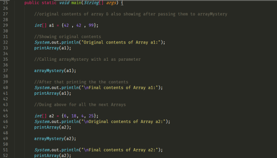 public static void main(String[] args) { //original contents of array & also showing after passing them to arrayMystery int[]