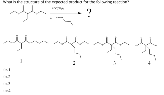 What is the structure of the expected product for the following reaction? 1. KOC(CH3)3 2. B 2 gemaghagh HO Y OH OA. 1 B. 2 00