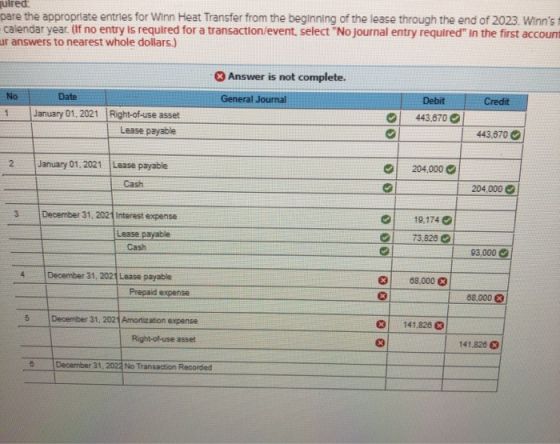 uired: are the appropriate entries for Winn Heat Transfer from the beginning of the lease through the end of 2023. Winns cal