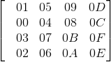 \begin{bmatrix} &01 &05 &09 &0D \\ &00 &04 &08 &0C\\ &03 &07 &0B &0F\\ &02 &06 &0A &0E \end{bmatrix}