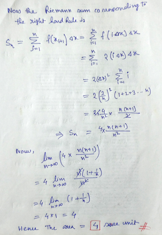 Riemann sum co Now the the right hand Rule is raponding to flim) ax Ox= ² f(at) a Su = i=1 n - & 2 (100) 4x = 2(02) 2 (& J*(1