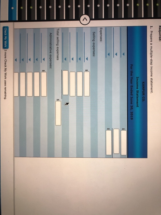 Required: 1. Prepare a multiple-step income statement. KANPUR CO. Income Statement For the Year Ended June 30, 2019 Expenses: