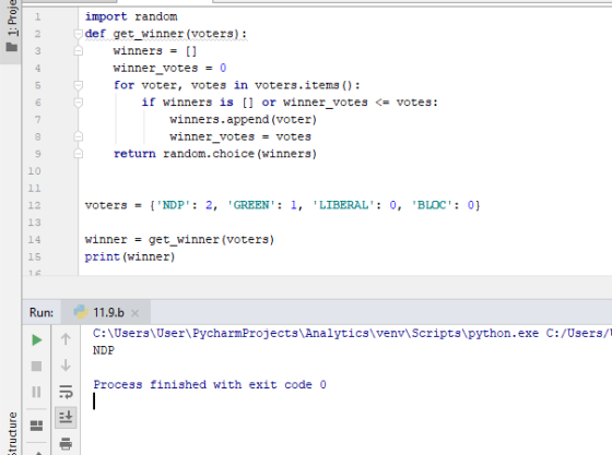 import random def get winner (voters) 2 winners = 3 winner_votes - 0 for voter, votes in voters.items () 5 if winners is [or