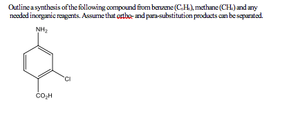 Outline asynthesis of the following compound from benzene (CoHS,methane (CH)andany needed inorganic reagents. Assume that otbo- and para-substitution products can be separated. NH CO2H