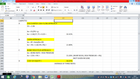Home nert Page Layout Formulas Data Review View dd-Ins Cut E AutoSum ー E ゴWrap Text ta copy ▼ в 1 프· ー· 鱼, Δ. :r-ㄧ 逻锂函Merge & Center. $, % , 弼,8 Conditional Format eCell Insert Delete Formsat Sort &Find & Format Painter Formatting as Table Styles2 Clear Clipboard Alignment Number Cells Edting CC266 BZ CA CB CD CE CF CG CH 266 267 268 269 270 271 272 273 274 275 276 277 278 279 280 281 282 283 284 4HKE CAPM UTILITY, SH CARPETTO DISCOUNTED CASH FLOW APPROACH D1 = 2.06 ke D1/PO g ke 2.06/27.750.03- 10.42% CAPM APPROACH ke Rf +beta(Rm-Rf) ke = 3% + 1.8(14%-3%)- 22.80% BOND YIELD PLUS APPROACH ke BOND RATE RISK PREMIUM ke-1196 + 496- 15.00% (IN MY BOOK, RISK PREMIUM-496) (NOT GIVEN IN SUM) COST OF EQUITY 16.07% AVERAGE OF THREE RATES beta bond c M port future INDEX INTL CAP BUD ING PV, FV, ANNUITY DIR cleanYIELD bond stru WACCRESI ex d erences: GZ40 130% 06:31