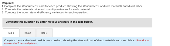Required: 1. Complete the standard cost card for each product, showing the standard cost of direct materials and direct labor