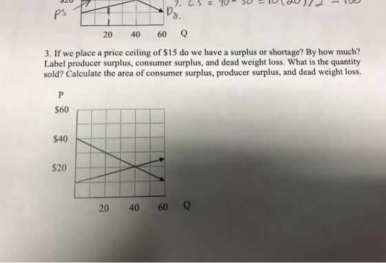 7.25 = 100 = lauld - TU PS 20 40 60 3. If we place a price ceiling of $15 do we have a surplus or shortage? By how much? Labe