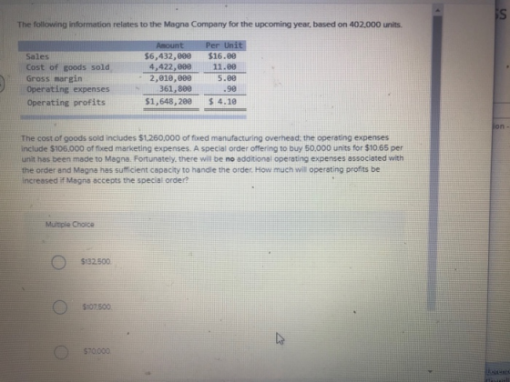 The following information relates to the Magna Company for the upcoming year, based on 402,000 units. Amount $6,432,000 4,422