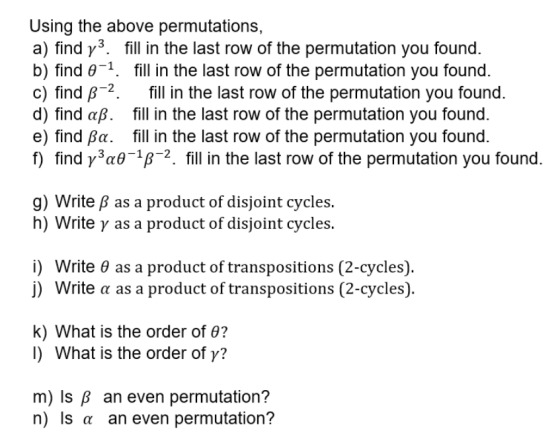 Using the above permutations, a) find y3. fill in the last row of the permutation you found. b) find 0-1. fill in the last ro