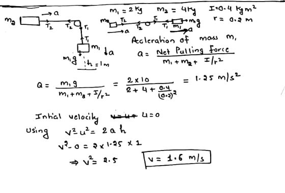 Ma = 4ty I=0.4 kym² ma ma T2 r. 0,2m q. mass ta m, = 2 kg T of tong Acceleration of Q: Net Pulling force mi + m₂ + I/12 1.25
