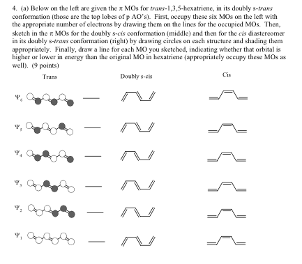 4. (a) Below on the left are given the Mos for trans- .3,5-hexatriene, in its doubly s-trans conformation (those are the top lobes of p AOs) First, occupy these six Mos on the left with the appropriate number of electrons by drawing them on the lines for the occupied Mos. Then, sketch in the Mos for the doubly s-cis conformation (middle) and then for the cis diastereomer in its doubly s-trans conformation (right) by drawing circles on each structure and shading them appropriately. Finally, draw a line for each MO you sketched, indicating whether that orbital is higher or lower in energy than the original Mo in hexatriene (appropriately occupy these Mos as well (9 points Cis Doubly s-cis